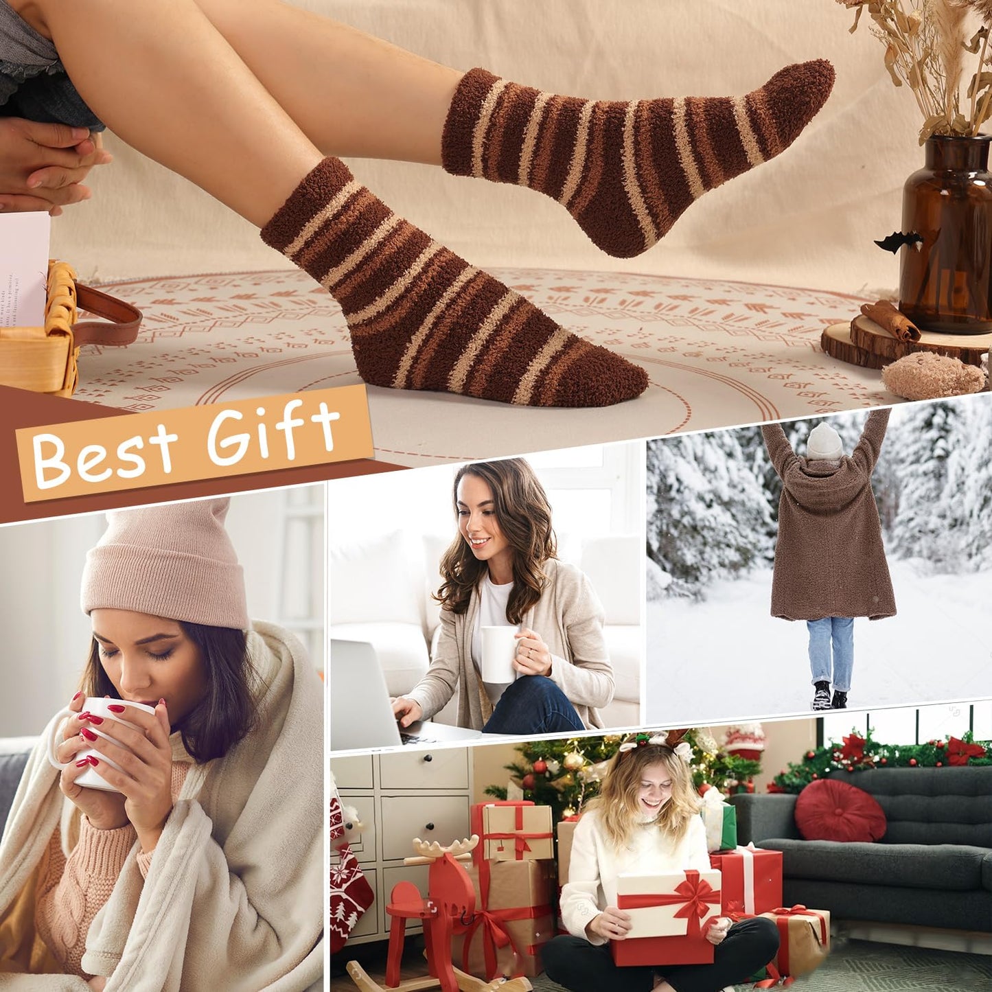 Women's Fluffy Caramel Color Slipper Socks - 6 Pairs