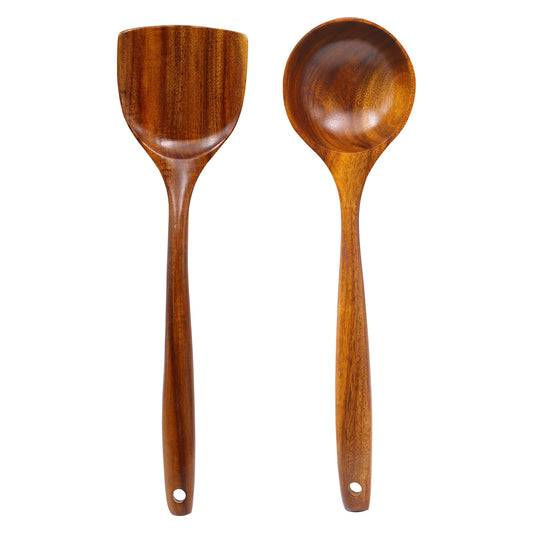 Wooden FJNATINH Wooden Wok Spatula Ladle Tool Set, 14inch Long Handle Wooden Spatula for Wok, Teak Wooden Wok Spatula