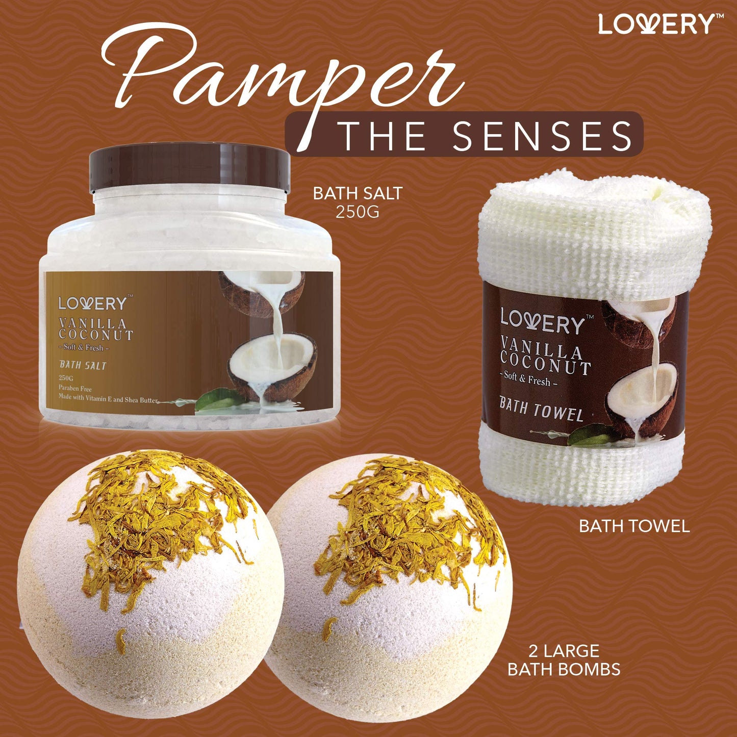 Self Care Package with Woven Basket Set, Vanilla Coconut -  9 Piece Set
