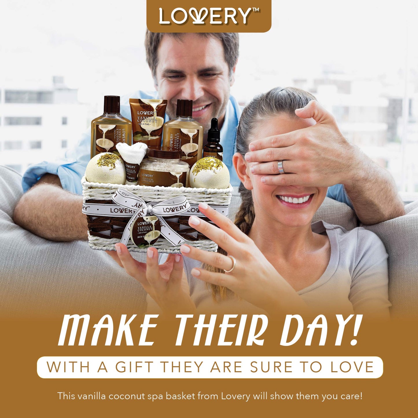Self Care Package with Woven Basket Set, Vanilla Coconut -  9 Piece Set