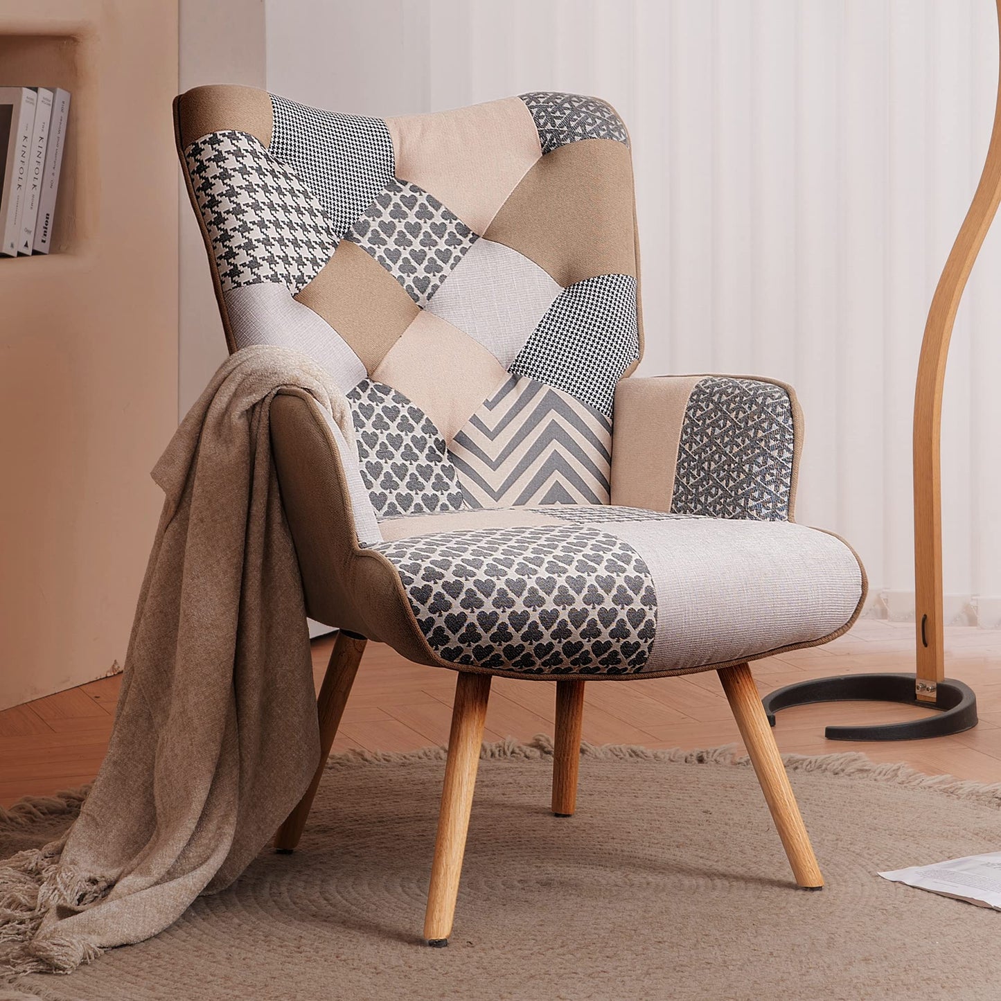 Boho-Chic Plaid Accent Chair with High Back