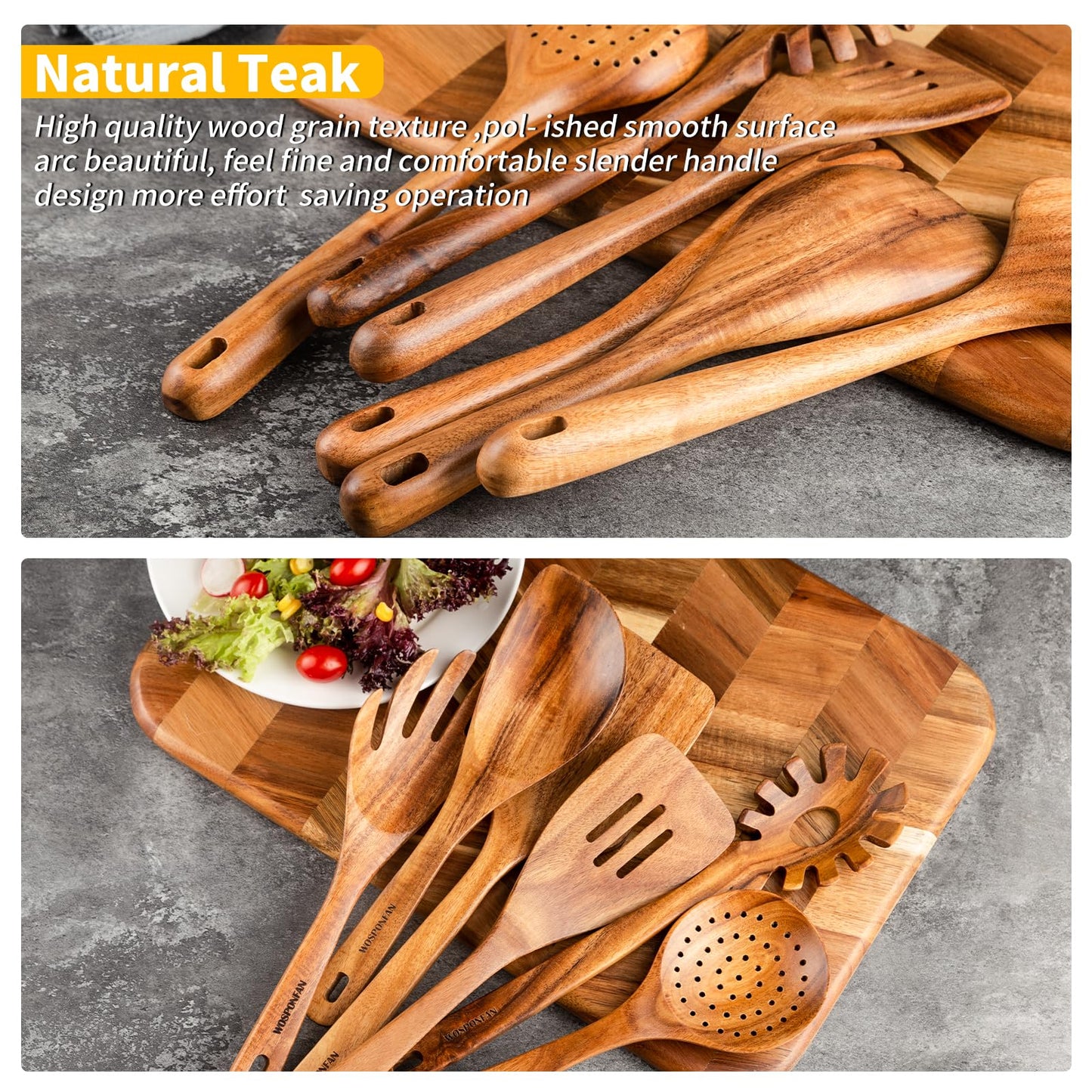 WOSPONFAN Kitchen Utensils Set - Wooden Spoons for Cooking, Natural Teak Wooden Utensils - Includes Wooden Spoons, Spatula Set, Slotted Spoon - Handmade Wooden Spoon Set