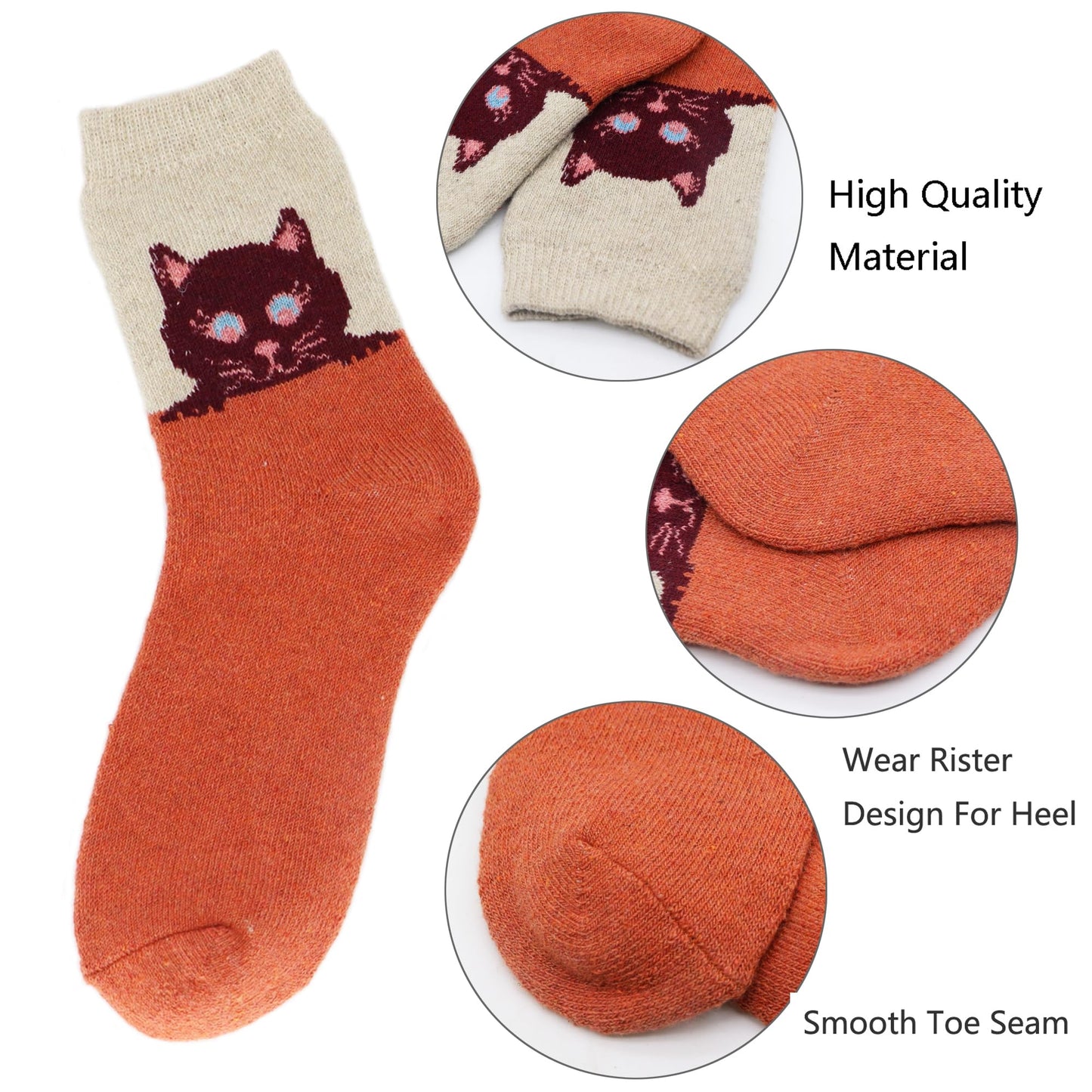 Women's 5-Pack Wool Crew Socks with Cat Design Print