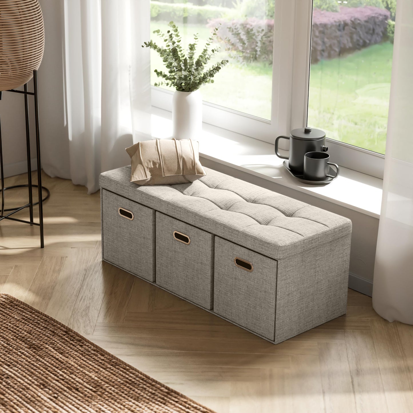 Foldable Tufted Linen Storage Bench with 3 Drawer Cubes