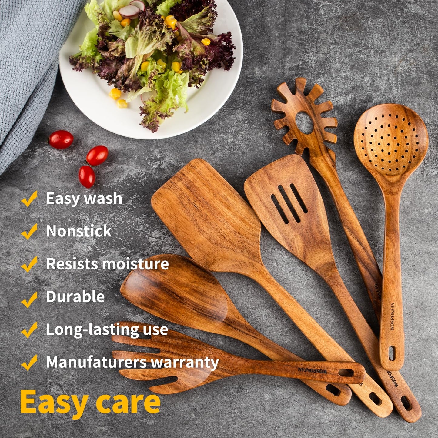 WOSPONFAN Kitchen Utensils Set - Wooden Spoons for Cooking, Natural Teak Wooden Utensils - Includes Wooden Spoons, Spatula Set, Slotted Spoon - Handmade Wooden Spoon Set