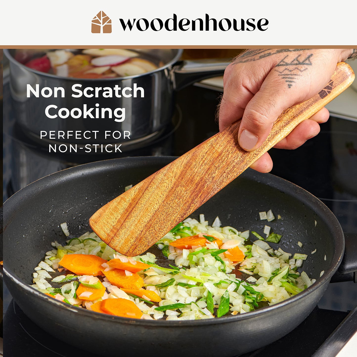 Wooden Spatula for Cooking, Kitchen Set of 4, Natural Teak Wooden Utensils including Paddle, Turner Spatula, Slotted Spatula and Wood Scraper. Nonstick cookware.