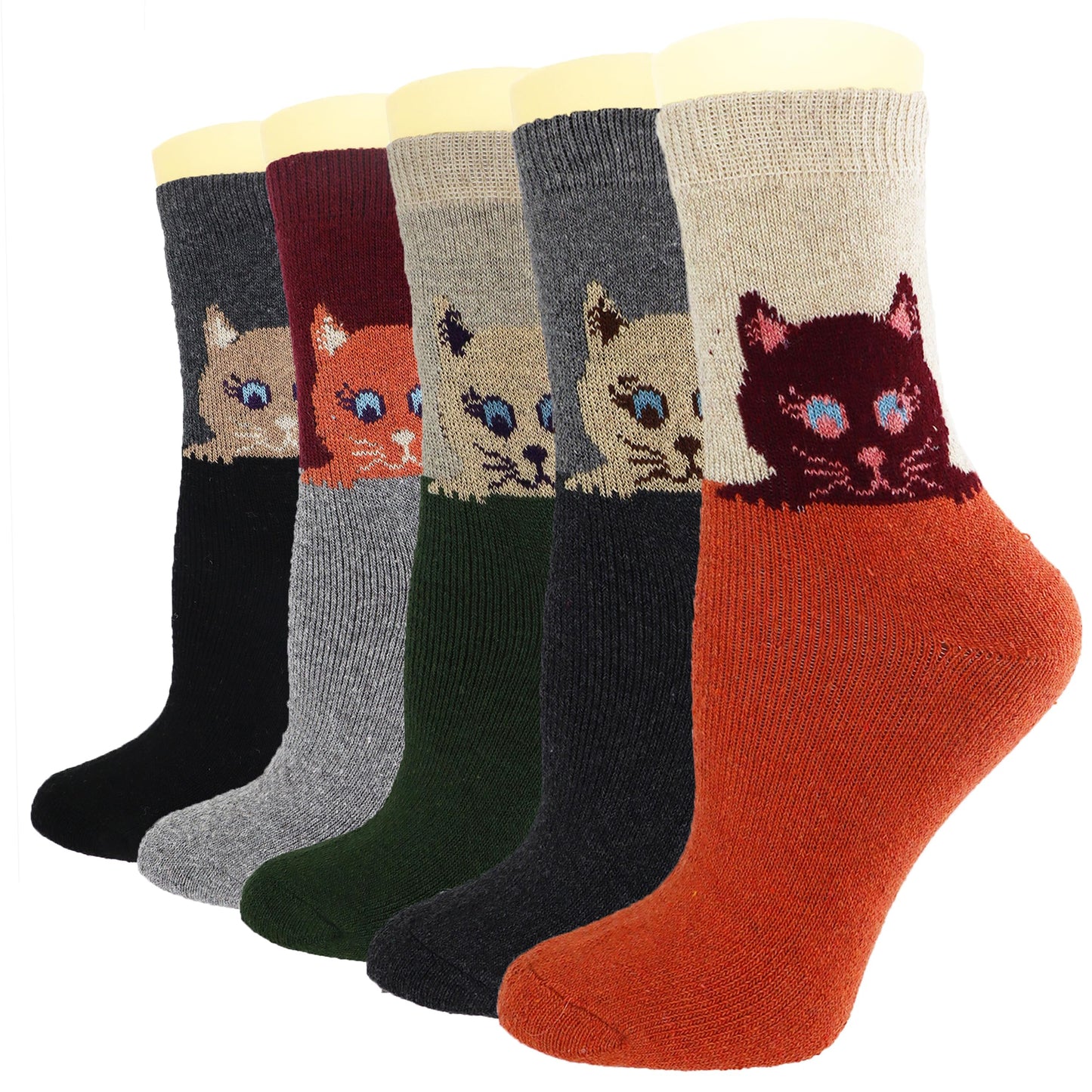 Women's 5-Pack Wool Crew Socks with Cat Design Print