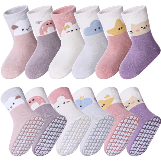 Baby Girl's Non-Slip Crew Socks with Animal Print - 6 Pairs