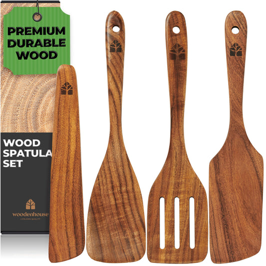 Wooden Spatula for Cooking, Kitchen Set of 4, Natural Teak Wooden Utensils including Paddle, Turner Spatula, Slotted Spatula and Wood Scraper. Nonstick cookware.