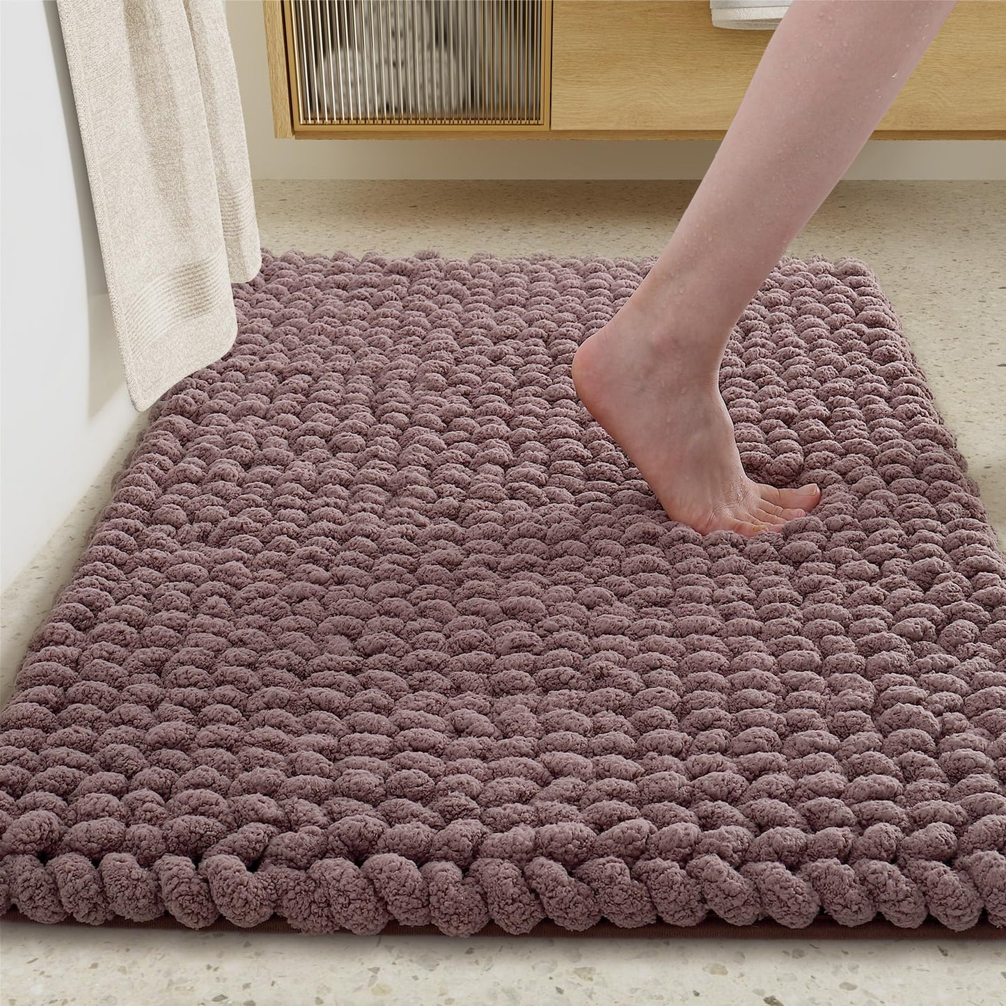 *Color&Geometry Chenille Bathroom Rugs 17x30, Brown- Super Absorbent, Non Slip, Ultra Soft, High Pile Thick Bath Mat, Bath Rug for Restroom Floor, Outside Shower/Tub, Laundry Room