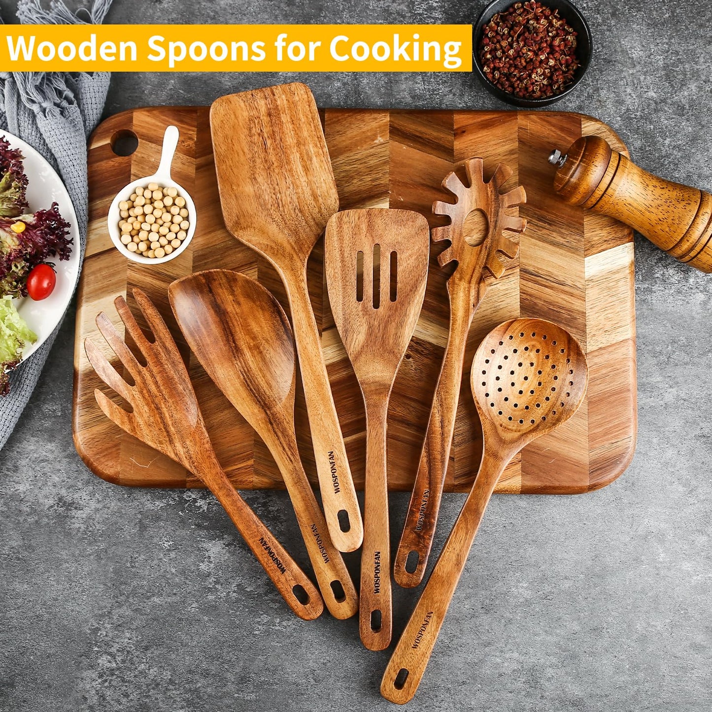 WOSPONFAN Kitchen Utensils Set - Wooden Spoons for Cooking, Natural Teak Wooden Utensils - Includes Wooden Spoons, Spatula Set, Slotted Spoon - Handmade Wooden Spoon Set