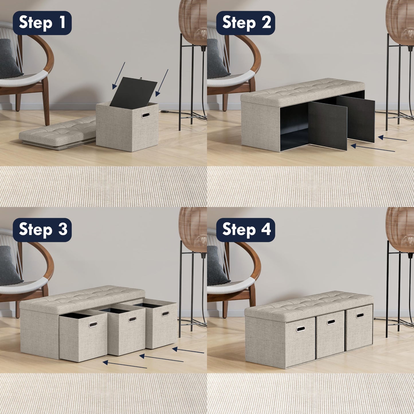 Foldable Tufted Linen Storage Bench with 3 Drawer Cubes