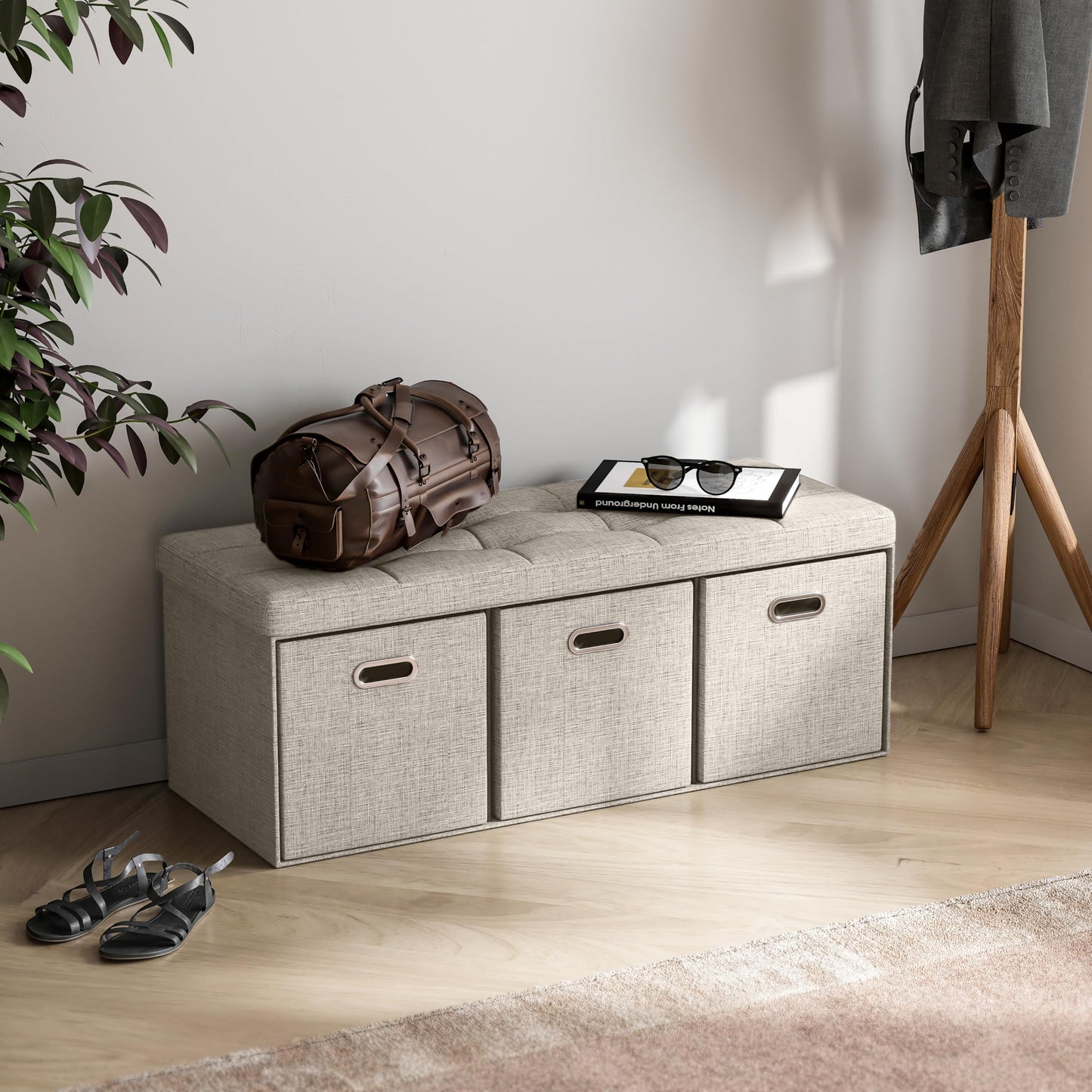 Foldable Tufted Linen Storage Bench with 3 Drawer Cubes