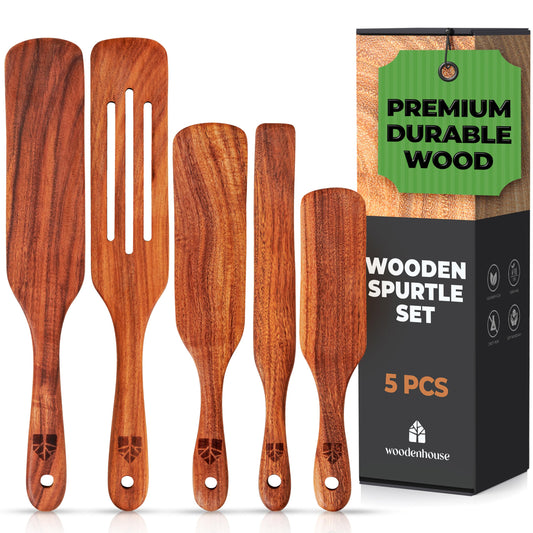Wooden Spurtle Set, Teak Spurtle Spatula Set of 5, Spurtles Kitchen Tools Wooden – Non Stick Cookware for Serving, Stirring, Mixing, Scraping, Scooping