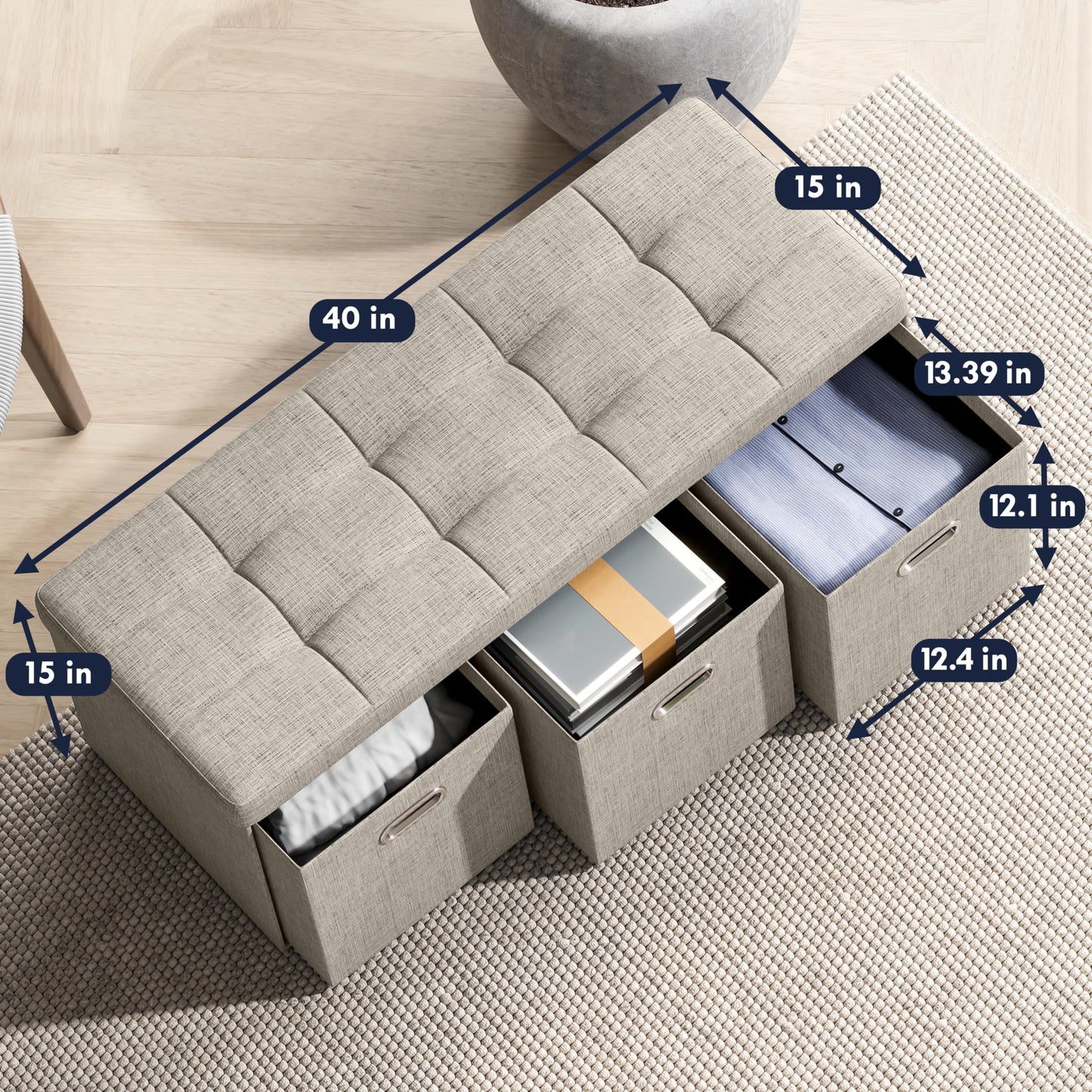 Foldable Tufted Linen Storage Bench with 3 Drawer Cubes