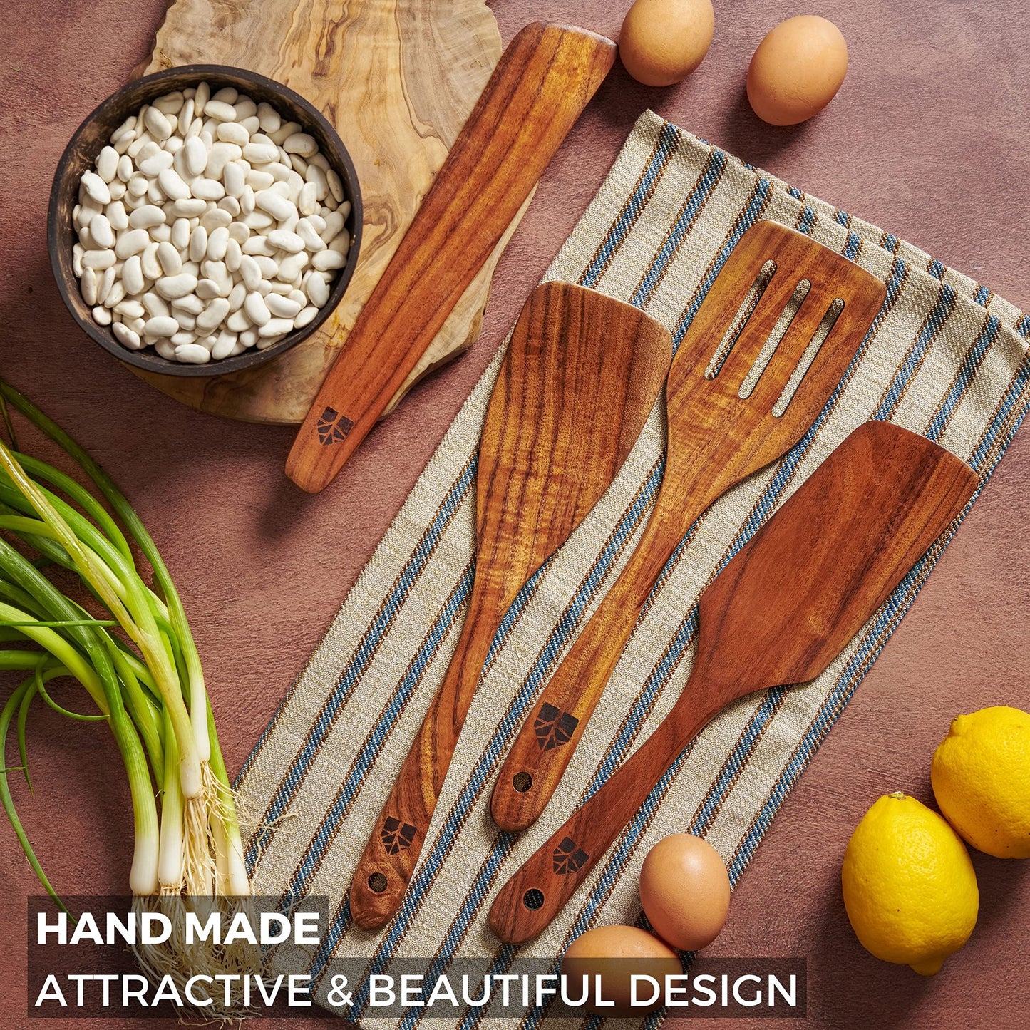 Wooden Spatula for Cooking, Kitchen Set of 4, Natural Teak Wooden Utensils including Paddle, Turner Spatula, Slotted Spatula and Wood Scraper. Nonstick cookware.