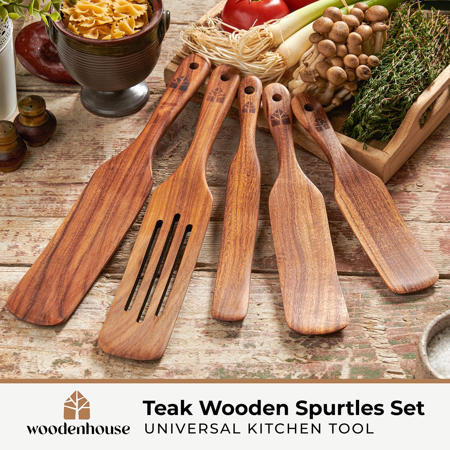 Wooden Spurtle Set, Teak Spurtle Spatula Set of 5, Spurtles Kitchen Tools Wooden – Non Stick Cookware for Serving, Stirring, Mixing, Scraping, Scooping