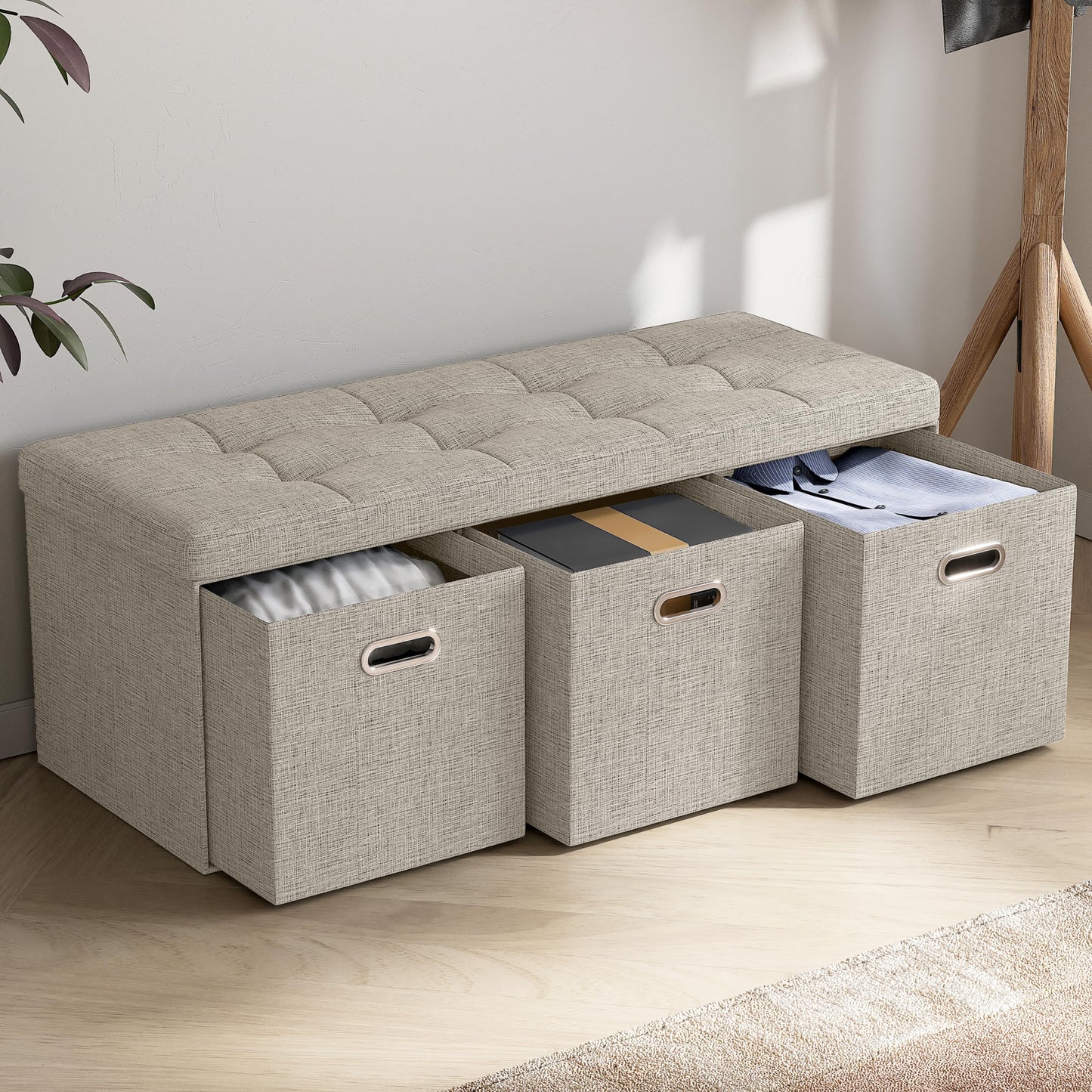 Foldable Tufted Linen Storage Bench with 3 Drawer Cubes